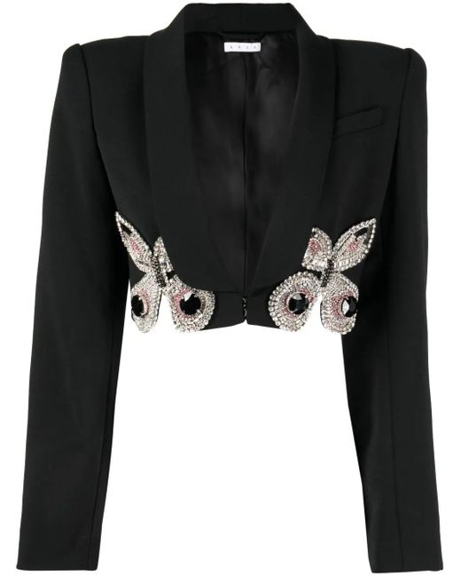 Area Black Crystal-embellished Cropped Wool Blazer