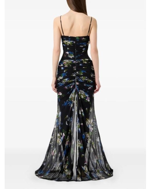 Blumarine Black Floral-Print Ruched Maxi Dress