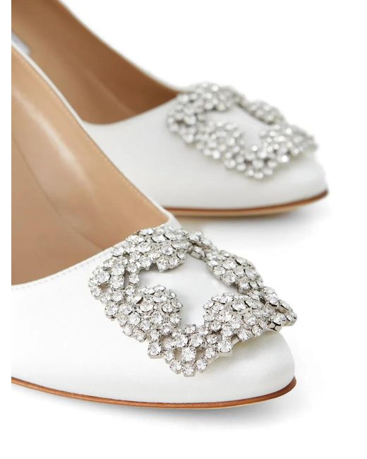 Manolo Blahnik White Hangisi 70 Crystal-Buckle Pumps