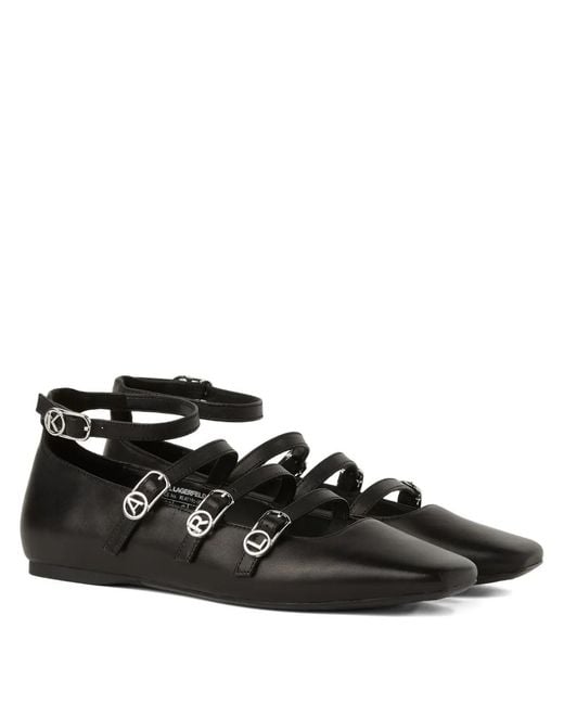 Karl Lagerfeld Black Konnie Four-Strap Buckle Flats