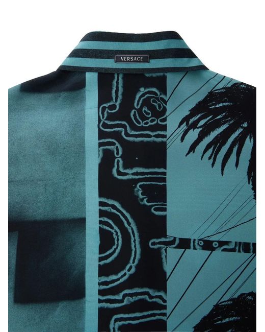 Versace Blue Printed Silk Crêpe De Chine Regular Shirt for men