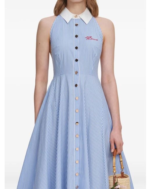 Self-Portrait Blue Striped Halterneck Midi Dress