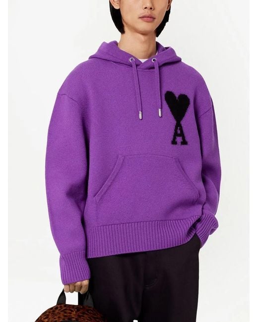 AMI Purple Logo-Intarsia Knit Hoodie