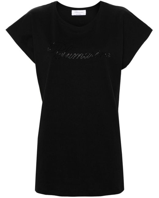 Blumarine Black Rhinestone-logo Cotton T-shirt