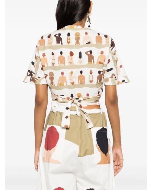 Amir Slama White Swimmer-Print Wrap-Front Cotton Shirt