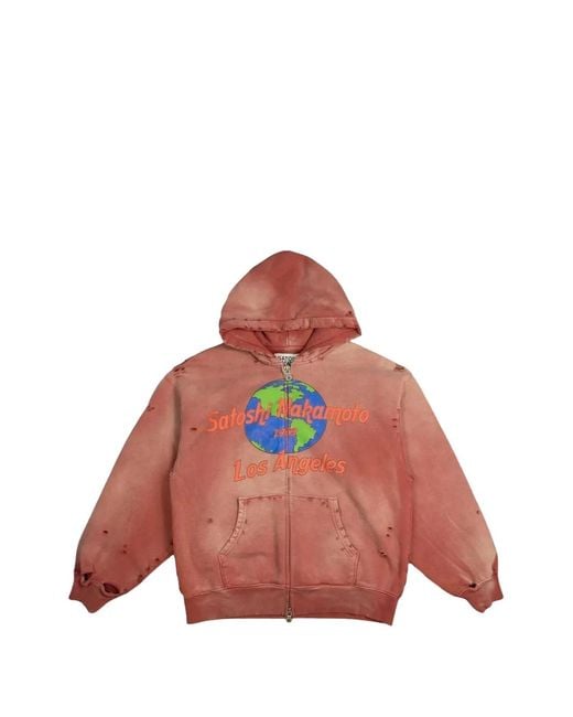 Satoshi Nakamoto Pink Distressed-Finish Graphic-Print Hoodie for men