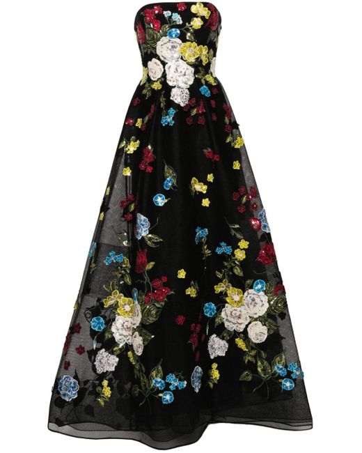 Elie Saab Black Floral-appliqué Strapless Gown