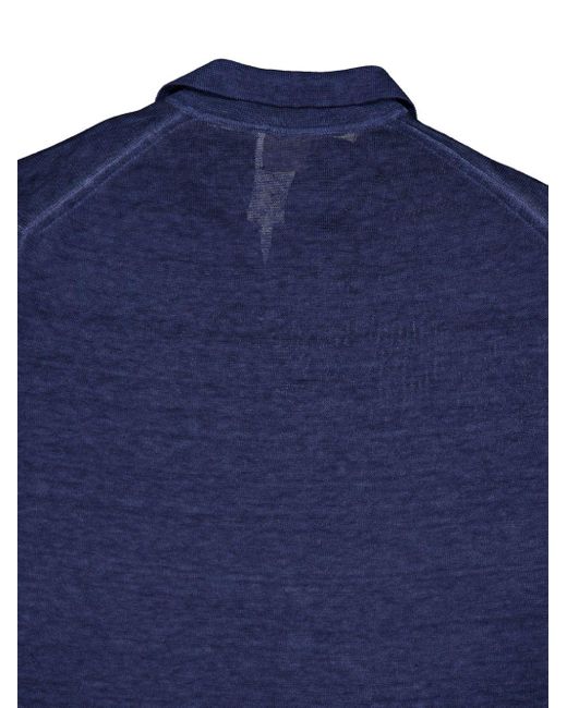 120% Lino Fijngebreid Linnen Poloshirt in het Blue voor heren