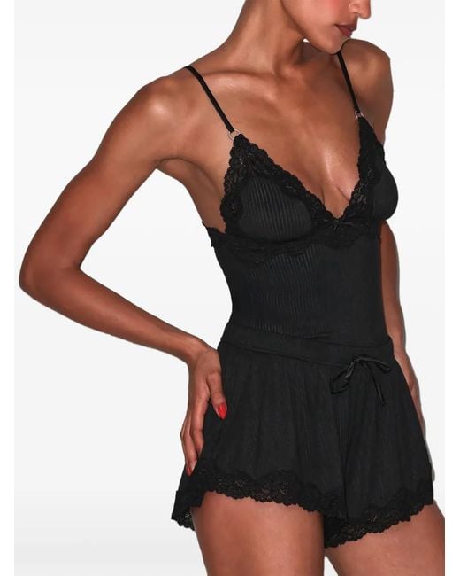 Fleur du Mal Black Lace-Trim Ribbed Top