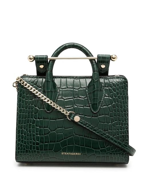 Strathberry Green Crocodile-Effect Leather Tote Bag