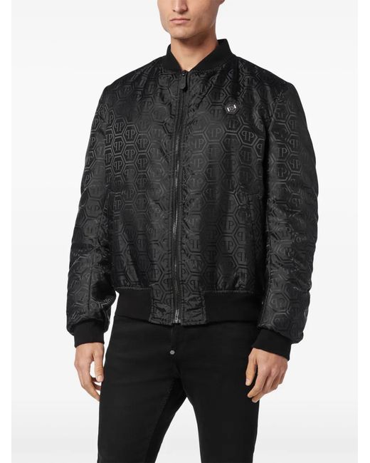 Philipp Plein Black Monogram-Jacquard Bomber Jacket for men