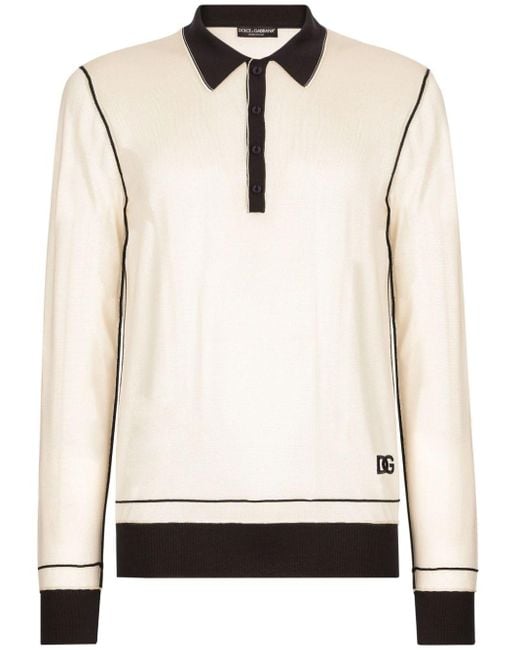 Dolce & Gabbana White Logo-embroidered Silk Polo Shirt for men