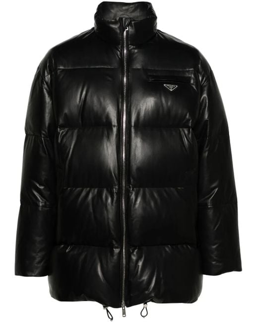 Prada Black Logo-Plaque Leather Puffer Coat for men