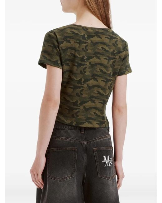 Mini Cream Green Camouflage-Print Button-Up T-Shirt