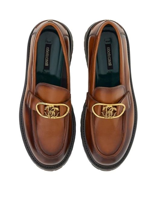 Roberto Cavalli Brown Mirror Snake-Plaque Loafers for men