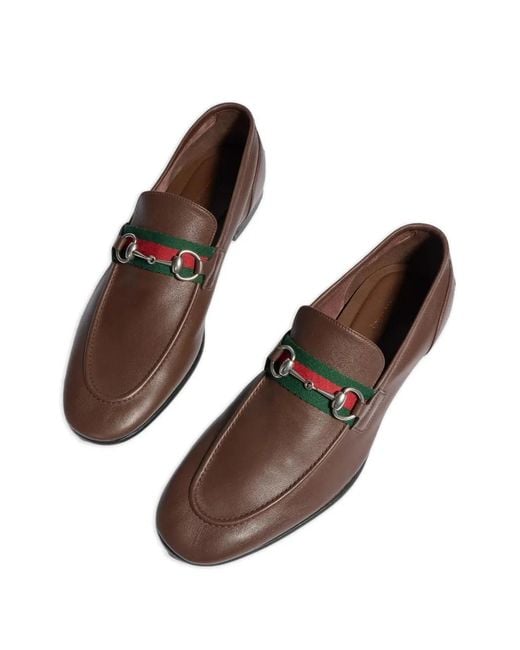 Gucci Brown Web-Stripe Horsebit Flat Loafers