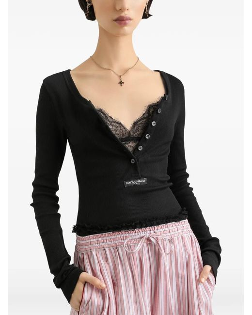 Dolce & Gabbana Black Ribbed Cotton Serafino T-Shirt