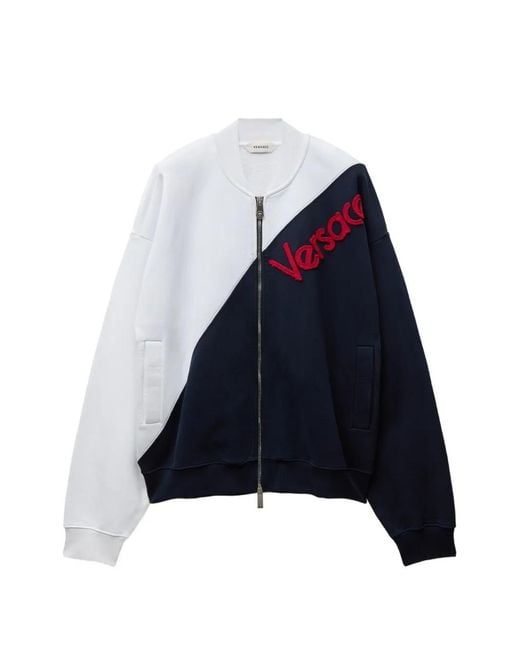 Versace Blue Embroidered-Logo Cotton Zip Sweatshirt for men