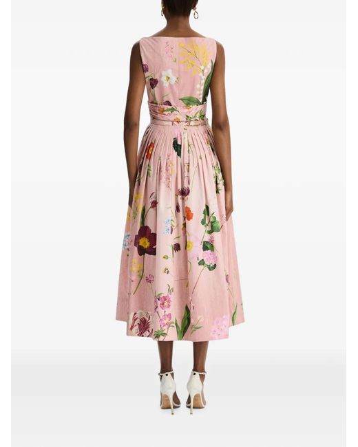 Oscar de la Renta Pink Mixed Botanical Cotton Poplin Draped Dress