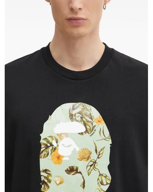 A Bathing Ape Black Vacation Pattern Ape Head T-Shirt for men