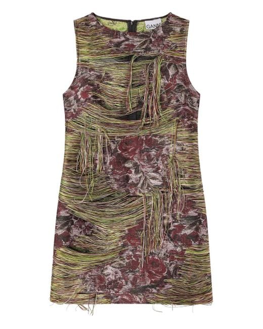 Ganni Brown Tapestry Fringed Mini Dress