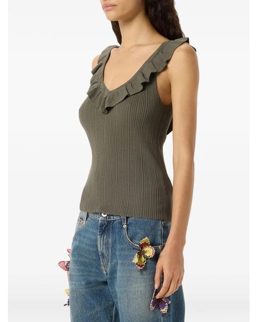 Blumarine Green Ruffled V-Neck Tank Top