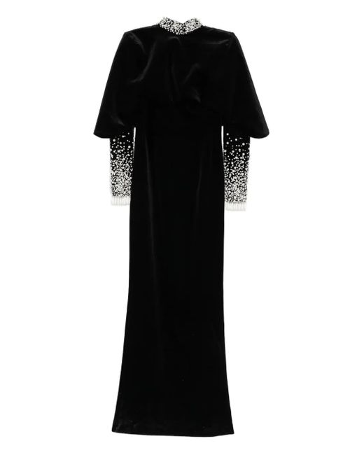 Jean Louis Sabaji Black Faux-Pearl Embellished Velvet Gown