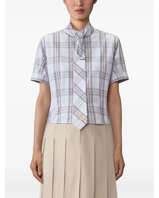Thom Browne Blue Plaid Check Poplin Tie Collar Blouse