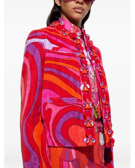 Emilio Pucci Red Gerüschte Jacke mit Wirbel-Print