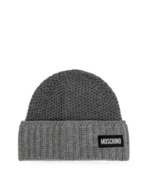 Moschino Gray Logo-Patch Waffle-Knit Beanie Hat