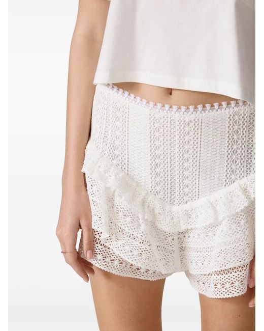 Pink White Ruffled Lace-Embroidered Shorts