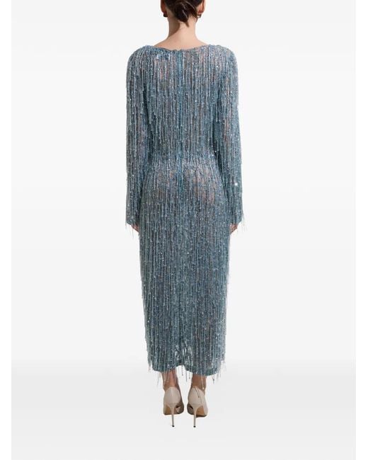 Dina Melwani Blue Fringed Crystal-Embellished Midi Dress