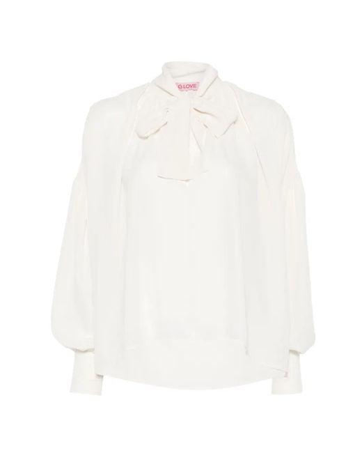 Carla G White Evim Pussy-Bow Balloon-Sleeve Blouse