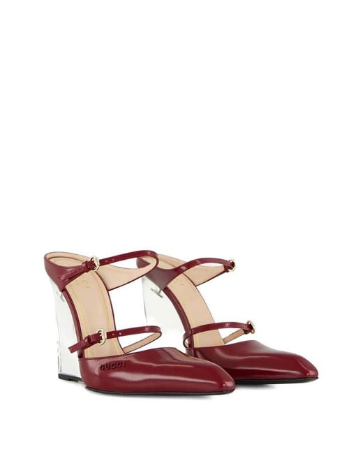 Gucci Red Buckle-Detail Wedge Mules