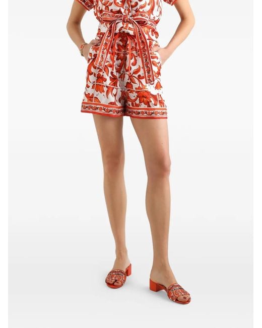 Dolce & Gabbana Red Majolica-Print Silk Bermuda