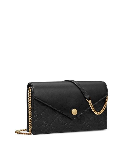 Tory Burch Black T Monogram Leather Envelope Chain Wallet