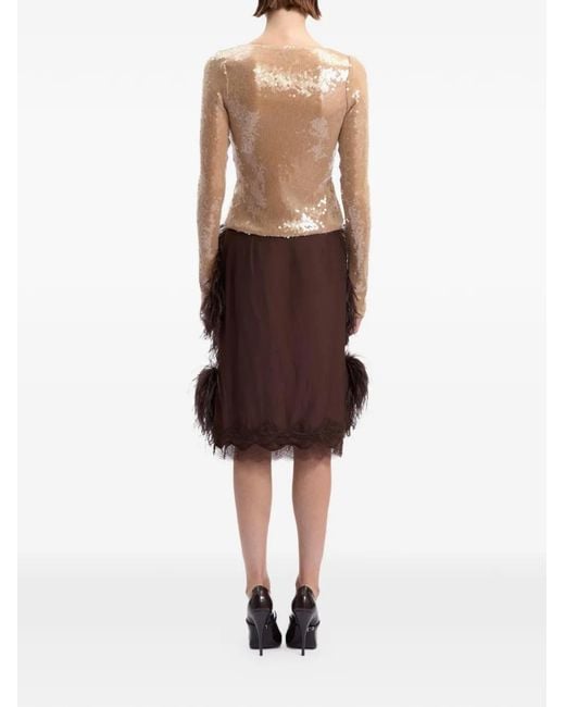 16Arlington Brown Arno Feather-Trim Sequin-Embellished Midi Skirt