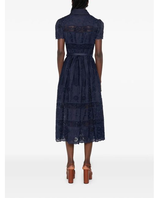 Self-Portrait Blue Embroidered Belted Midi Dress