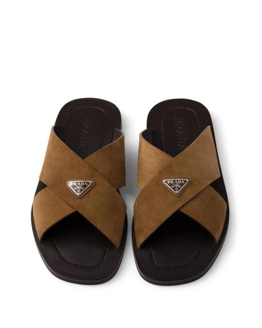 Prada Brown Suede Crisscross Slides for men