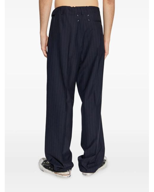 Maison Margiela Blue Wool Pinstripe Trousers With Drawstring Waist Clothing for men