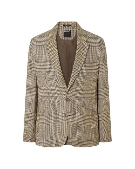 Zegna Gray Crossover-Check Single-Breasted Linen Blazer for men