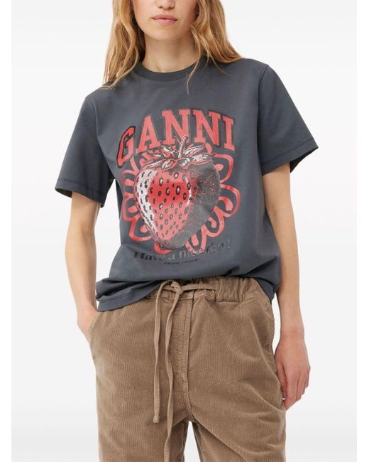 Ganni Black Strawberry Relaxed T-shirt