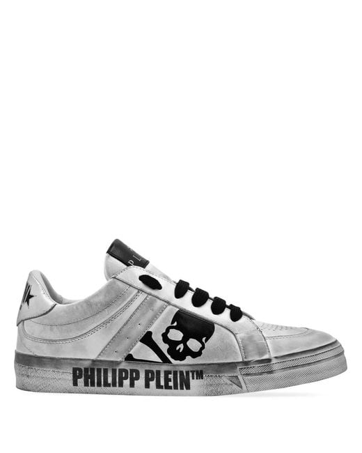 Philipp Plein White Skull & Bones Metallic-Effect Sneakers