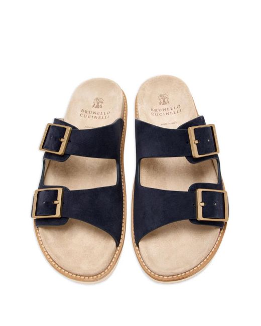 Brunello Cucinelli Blue Double-Buckle Suede Sandals for men