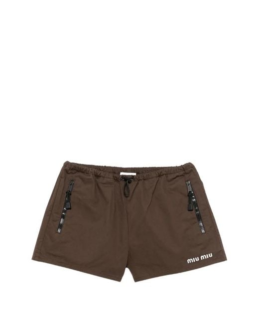 Miu Miu Brown Logo-Embroidered Gabardine Shorts