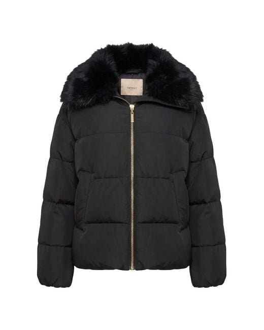 Twinset Black Faux Fur-Collar Zip-Up Puffer Jacket