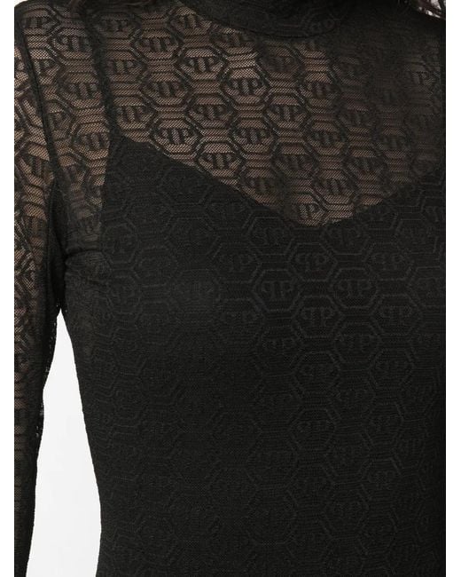 Philipp Plein Black Monogram-Pattern Tulle Mini Dress