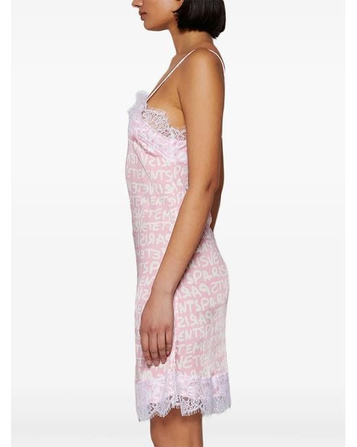 Vetements Pink Logo-Print Lace-Trim Minidress