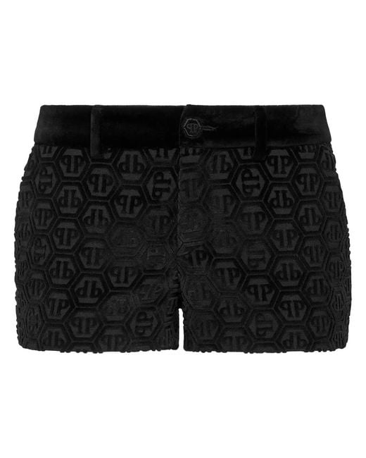 Philipp Plein Black Monogram-Pattern Velvet Mini Shorts
