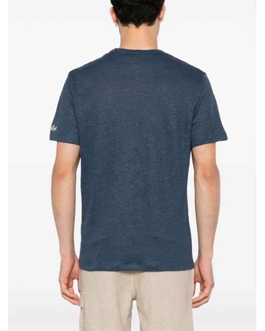Mc2 Saint Barth Blue Logo-embroidered Linen T-shirt for men